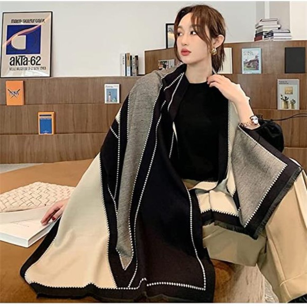 Large Pashmina Shawls  Wraps Black White